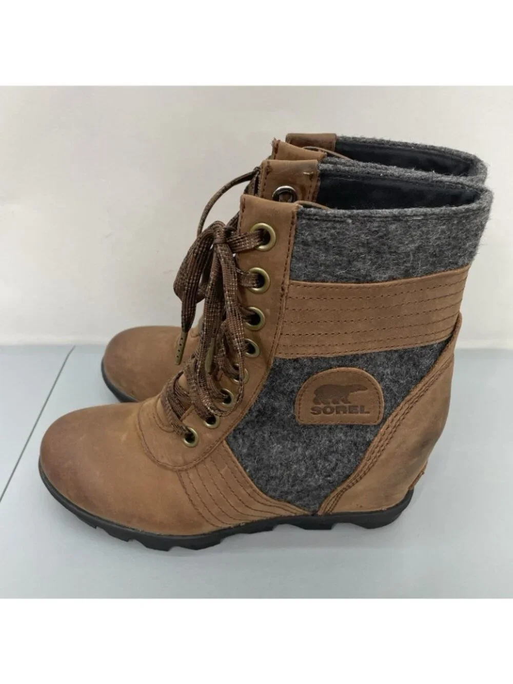 Sorel Lexie Ankle Wedge Boots Waterproof Distressed Felt Leather Brown Women 8.5